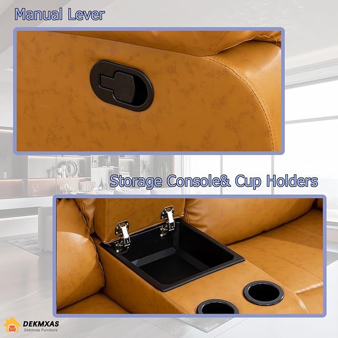 Manual Recliner Sofa Set Vegan Leather Reclining Sofa Set Living Room Furniture Sets Loveseat Couch Chair Set with Cup Holders/Storage Console/Drop Down Table for Home/Office (Ginger,3PCS Set)