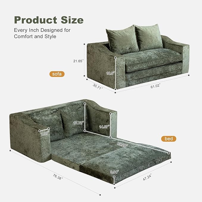61" Convertible Sofa Bed Loveseat, Memory Foam Boneless Floor Couch with Removable Plush Velvet Cover, Tri-folding Compact Full-size Sleeper for Small Living Room, Playroom, Guest Room, RV (Emerald) | Convertible Sofa Bed, Premium Memory Foam, Ergonomi...
