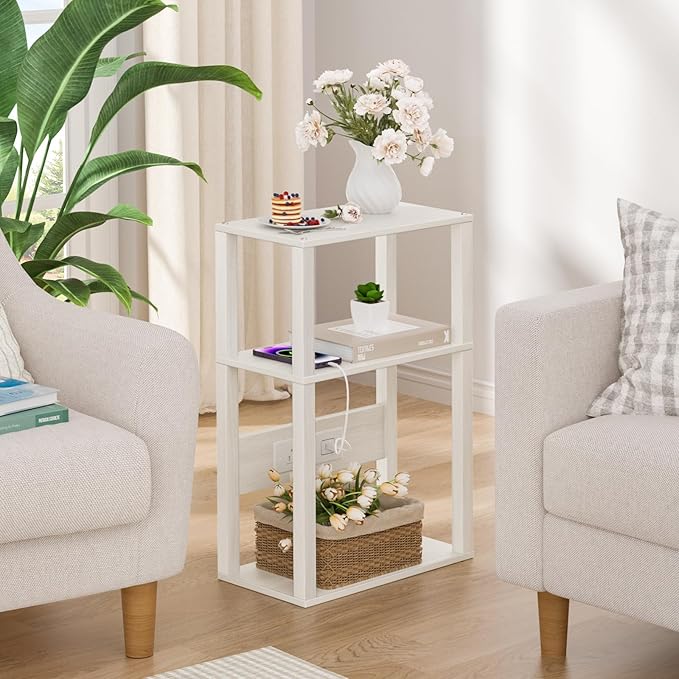3-Tier Small Narrow Wood Side Table with Charging Station, Skinny Nightstand for Small Space, Slim Bedside Table with Storage for Couch, Thin End Table with USB Ports and Outlets, Grey White