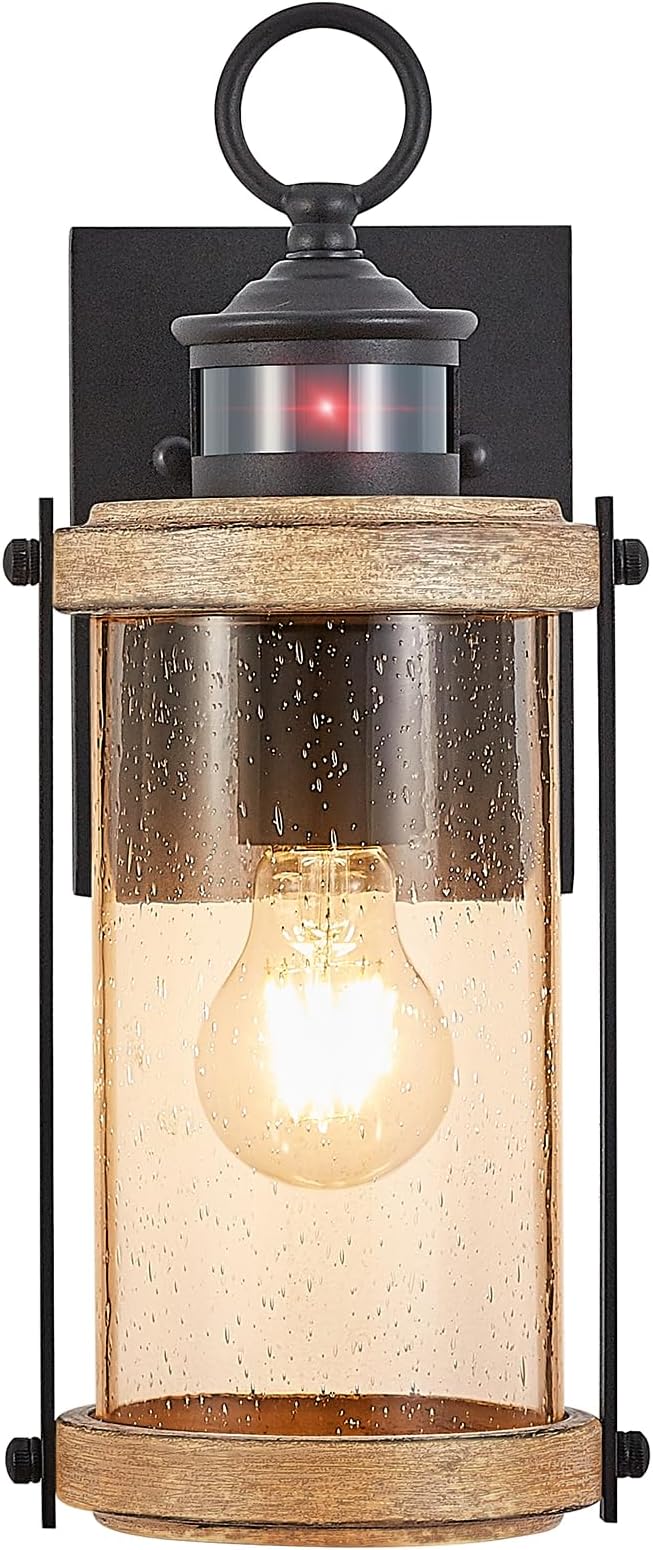 Motion Sensor Outdoor Wall Light Waterproof,Dusk to Dawn Outdoor Lighting,Outdoor Light for House with Seeded Glass,Matte Black & Wood Grain Finish,1 Pack