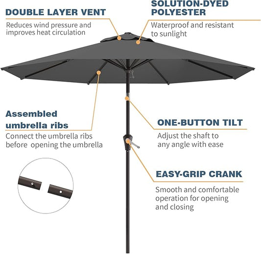 10FT Patio Umbrella, Outdoor Umbrella with Push Button Tilt and Crank, 8 Sturdy Ribs, UV Protection & Waterproof Market Umbrella for Pool, Backyard, Beach,Deck (Gray)