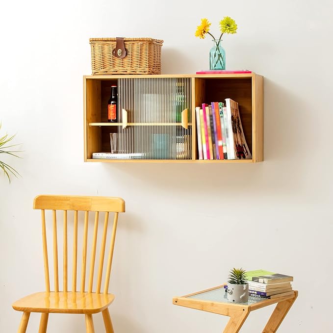 HollyHOME Bamboo Wall Mounted Kitchen Pantry Sideboard with 2 Doors and Adjustable Shelves, Freestanding Wall Storage Cabinet with Shelf for Bottle, Dish, Bowl, Console Dining Cupboard, Burlywood