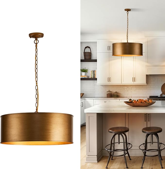 21" Vintage Metal Drum Chandelier, 4-Light E26 Industrial Adjustable Chain Hanging Pendant Light Fixtures for Foyer Entryway Kitchen Bedroom, Golden Bronze Finish