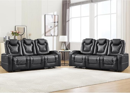 ANJ Power Recliner Sofa Set, Faux Leather Reclining Couch Sets for Living Room, Included 2PC 3 Seat Recliner Sofa with USB Ports and Cup Holders,Hidden Arm Storage, Black