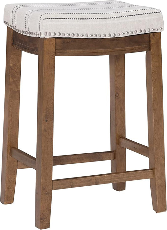 Linon Kingston Natural Wood with Upholstered Linen seat 24 Inch Seat Height Backless Counter Stool