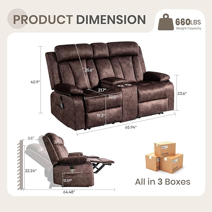 Power Reclining Loveseat with Heat & Massage, Dual Recliner Sofa with Console, Cup Holders, USB & Type-C Ports, 2 Seater Electric Reclining Couch for Living Room, RV (Brown, 2 Seat)