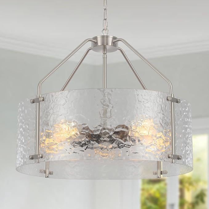 Glass Drum Chandelier for Dining Room 20'' Brushed Nickel Living Room Light Fixture 5-Light Kitchen Chandeliers Over Table Bedroom Light Fixture for Dining Room Hallway Foyer Kitchen