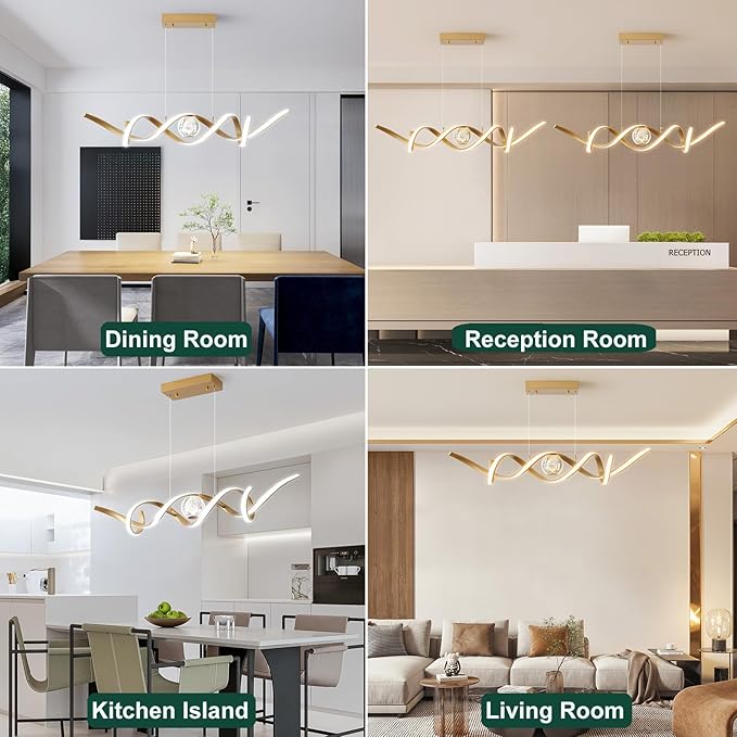 LED Modern Chandeliers for Dining Room, 39in Dimmable Gold Chandelier Kitchen Pendant Lighting Over Island, Linear Wave Spiral Pendant Light Fixtures Dining Room Lights Ceiling Hanging, 36W
