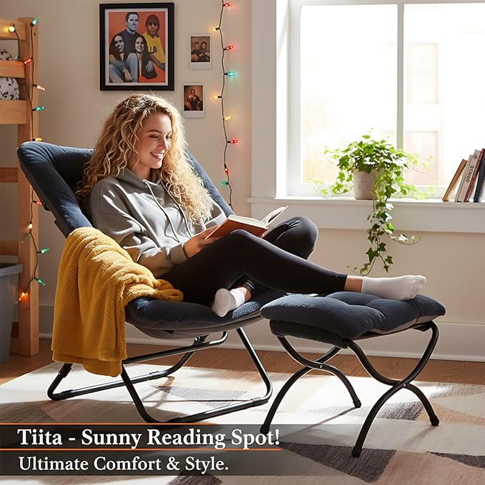Tiita Folded Chair with Ottoman, Soft Faux Fur Oversized Folding Accent Chair,Lazy Chair, Metal Frame Moon Chair for Bedroom, Living Room, Dorm Rooms, Garden and Courtyard