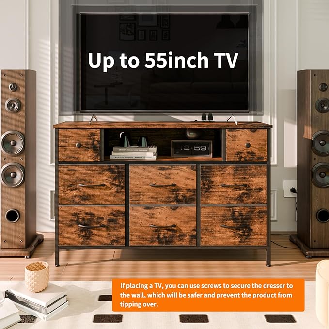Fixwal TV Stand Dresser for Bedroom with Storage and LED Lights, Rustic Brown 55" TV Stand with 8 Drawers, Fabric Chest of Drawers with Wood Grain Finish for Entryway