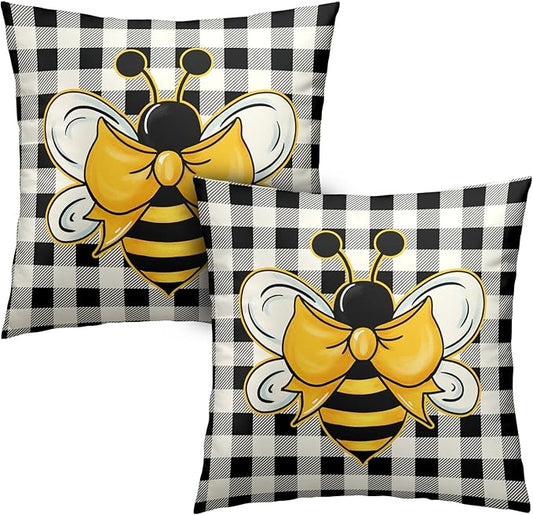 Yellow Bumble Bee Pillow Covers 18x18 Set of 2 Black White Buffalo Plaid Pillow Covers Summer Spring Themed Decorative Cushion Cases Home Decor for Couch Bed Holiday