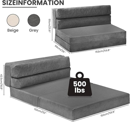JUIKURY Folding Sofa Bed, Convertible Sleeper Chair with Pilow Foldable Matress, 2 in 1 Pull Out Loveseat Sofa Portable Fold Out Chair Bed Floor Couch Lounge for Living Room Bedroom (Grey, Queen)