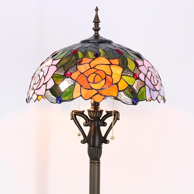 Tiffany Floor Lamp Orange Red Rose Flowers Stained Glass Standing Reading Light 16X16X66 Inches Antique Pole Corner Lamp Decor Bedroom Living Room