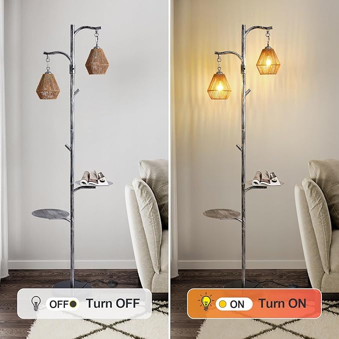 Hsyile Arc Floor Lamp with Cage Shade,Rattan&Fabric Boho Floor Lamps for Living Room Bedroom,Silver Gray Industrial Dimmable Floor Light,Farmhouse Rustic Tall Lamp for Office Reading