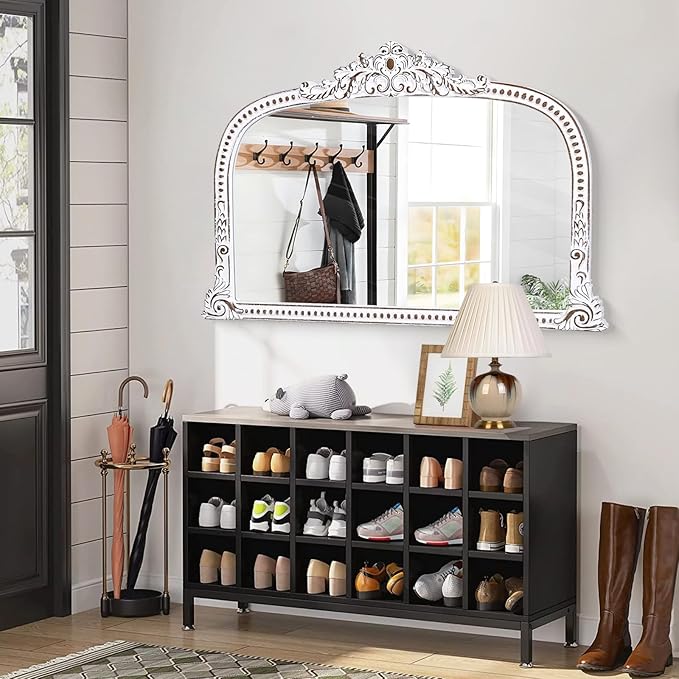 Rustic Farmhouse Wooden Wall Mirror: 36x24 Inches Baroque Antique Arched Mirror - Decorative Wide Mirrors for Fireplace Mantel, Living Room, Entryway, Bathroom