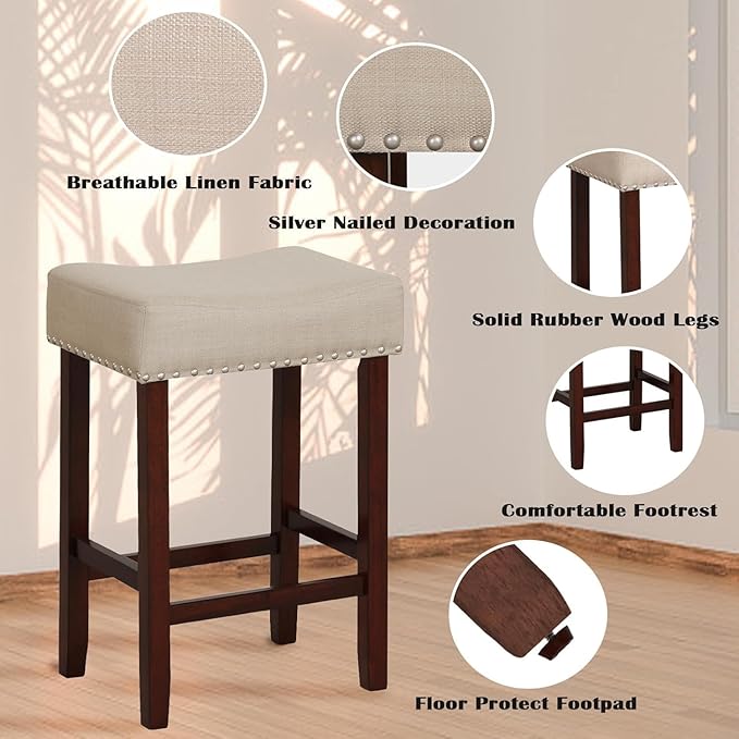 ERGOMASTER Bar Stools, 24 Inch Modern Saddle Stools, Rubber Wood, Khaki/Brown, Set of 4