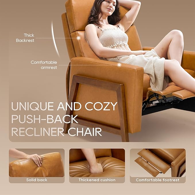 COLAMY Push Back Recliner Chair Set of 2, Upholstered Leather Recliner with Footrest 105-135 Degree Adjustable, Comfy Modern Wingback Recliner for Living Room, Bedroom,Small Spaces, Camel