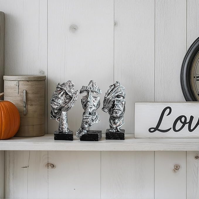 3 Pcs Thinker Statue, Silence is Silvery Abstract Art Figurine, Modern Home Resin Decorative Objects Decor for Home Office Bookshelf Desktop,No Hear No See No Speak Knick Knacks