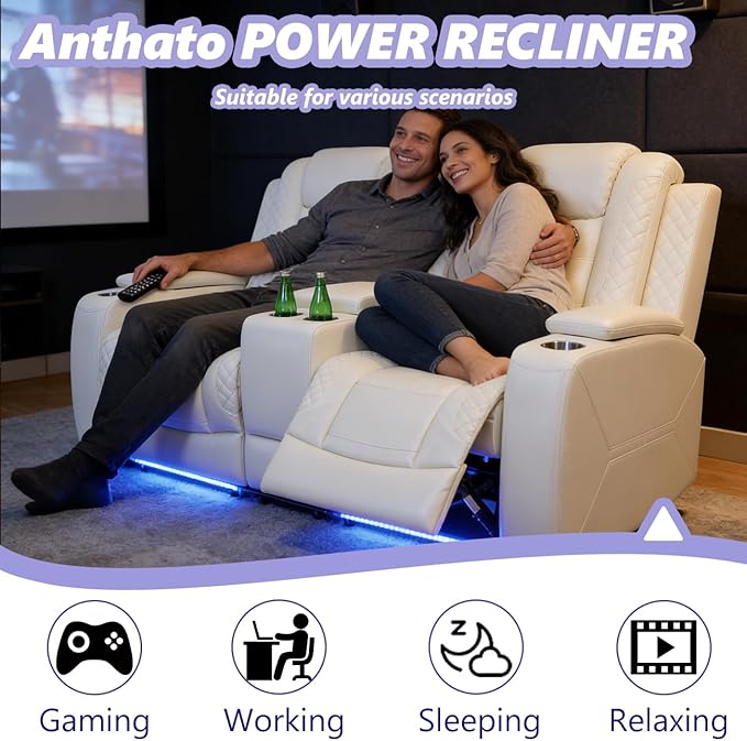 Power Recliner Sofa Set, Breathing Leather Reclining Couch Chair Set, Living Room Furniture Sets, Reclining Loveseat & 2 Chairs with Cupholders/Storage/Charging for Living Room, Cream White