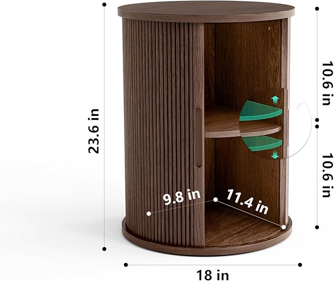 LINSY HOME Round End Table, Fluted Side Table with Sliding Tambour Door and Storage Shelf, Mid Century Modern Circular Nightstand for Bedroom, Wood Boho Tall Bedside Cabinet for Small Space, Walnut