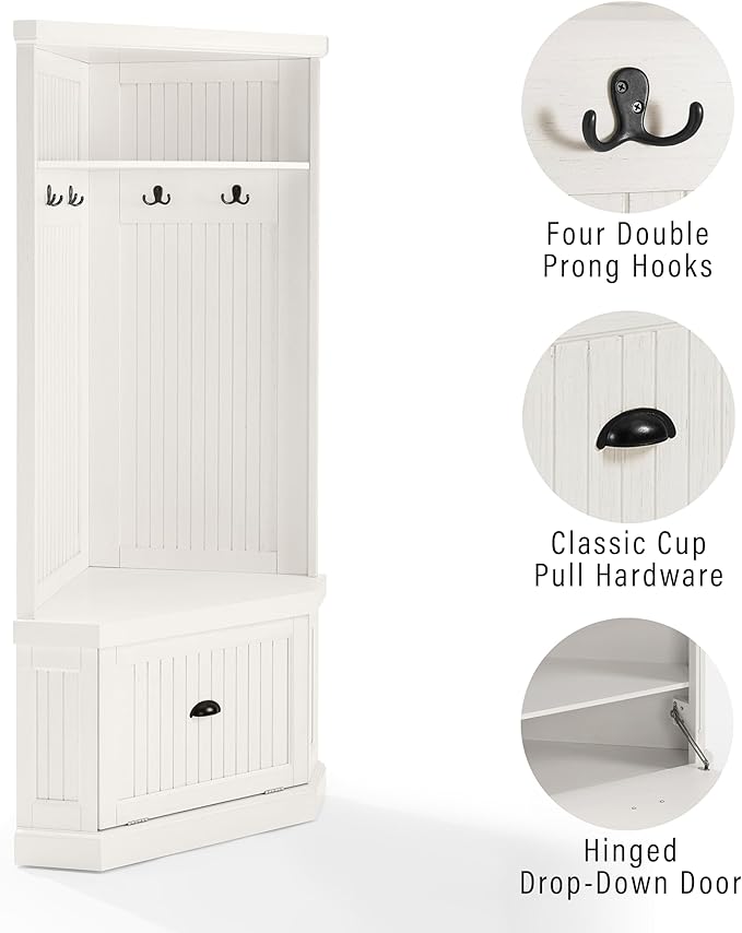 Crosley Furniture Seaside Corner Hall Tree with Shoe Rack Bench and Coat Hooks for Hanging Storage, Distressed White