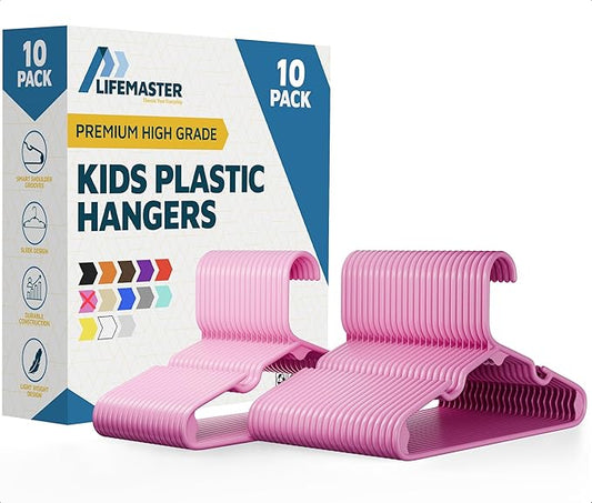 Lifemaster Plastic Kids Clothes Hangers – Children Clothes Hanger with Shoulder Notch, 11.6 Inch Space-Saving Closet Organizer for Baby, Toddler, and Kids Clothing, Hold Up to 5 lbs, Pack of 10, Pink