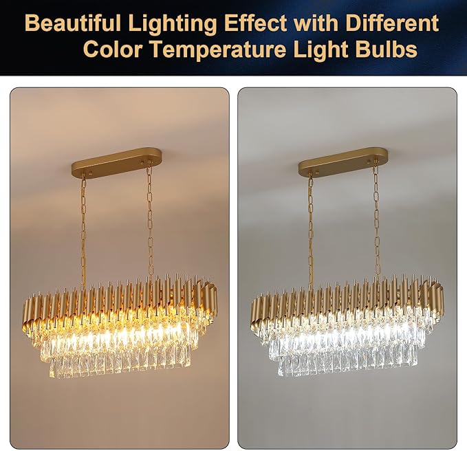 Modern Rectangular Chandelier Gold Crystal Chandeliers for Dining Room 8-Light Linear Ceiling Pendant Light Long 32” Luxury Oval Chandelier for Kitchen Island Living Room