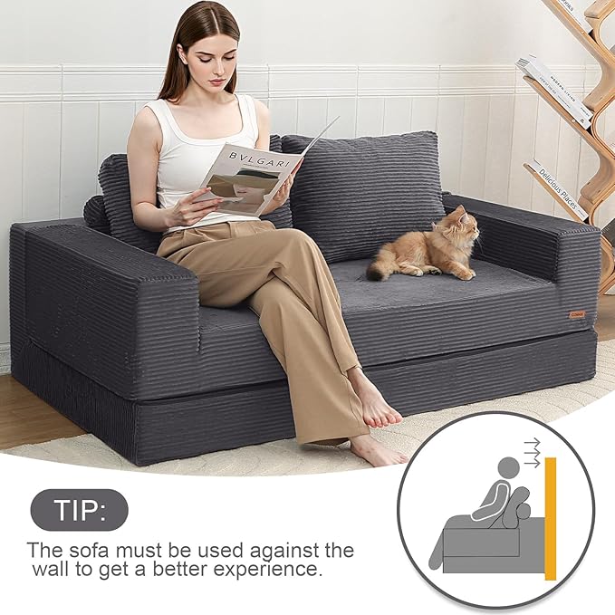 COMAX Futon Sofa Bed, 4‑in‑1 Convertible Sofa Bed, Boneless Couches for Living Room, Fold Out Small Foldable Loveseat Space‑Saving, Grey