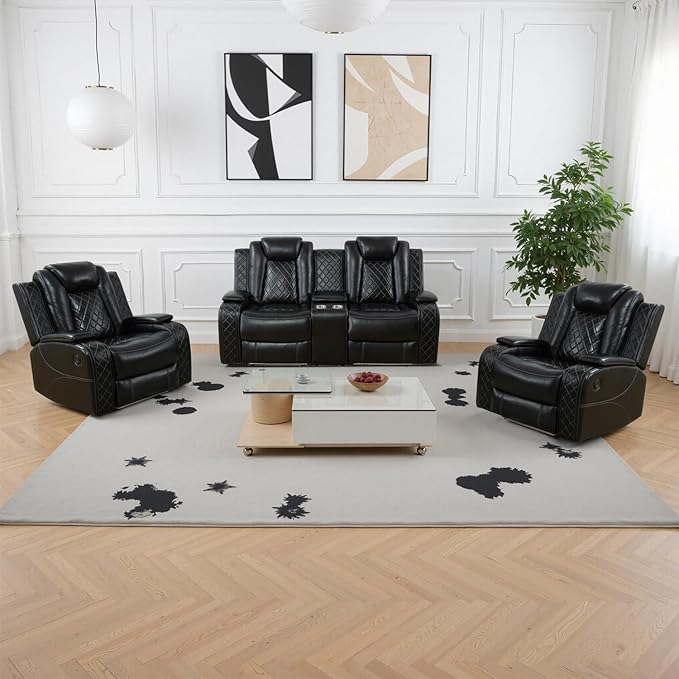 Power Recliner Sofa Set, Breathing Leather Reclining Couch Set, Leather Loveseat and 2 Recliner Chairs Set with LED Lights/Charging Ports/Storage for Home/Office (Black, Loveseat+2 Chairs)