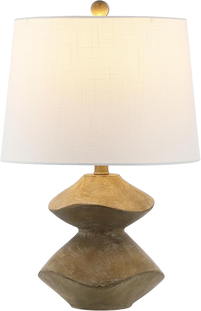 JONATHAN Y 24.5" Brown Wood Finish Coastal 3-Stack Cairn LED Table Lamp for Living Room, White Linen Shade, Rustic Mid-Century Modern Bedside Lamp for Bedroom Office (JYL4062A)