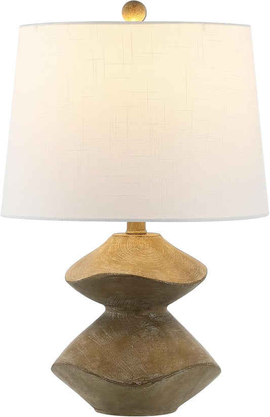 JONATHAN Y 24.5" Brown Wood Finish Coastal 3-Stack Cairn LED Table Lamp for Living Room, White Linen Shade, Rustic Mid-Century Modern Bedside Lamp for Bedroom Office (JYL4062A)