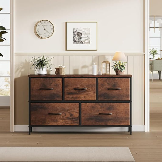 Sweetcrispy Dresser for Bedroom with 5 Storage Drawers, Fabric Storage Tower Organizer, Chest of Drawers with Metal Frame Wooden Top for Closet, Living Room, Entryway, Rust Brown