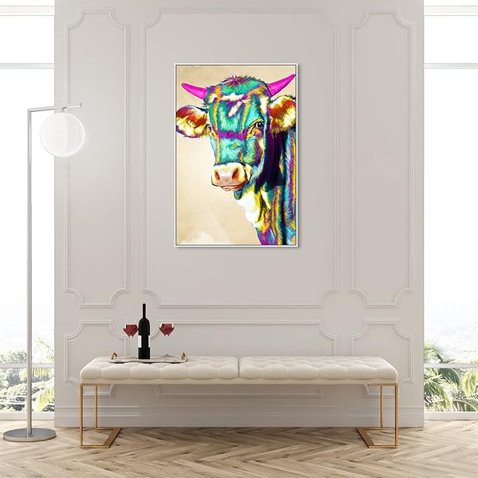 Country Farmhouse Canvas Print Painting Animal Wall Art 'Fun Colorful Glam Farm Cow' White Framed Canvas Rustic Home Décor 30x45 in Green, Pink by Oliver Gal