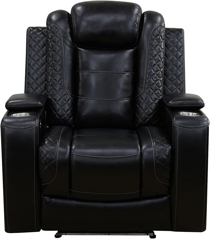 Power Recliner Chair for Living Room, Breathing Leather Reclining Chair with LED Lighting, USB Charging Port and Armrest Hidden Storage (Black Upgared)