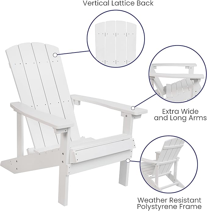 Flash Furniture Charlestown Poly Resin Adirondack Chair - White - All Weather - Indoor/Outdoor - Set of 4