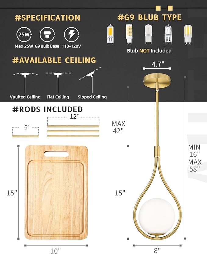 AUTELO 2 Pack Pendant Lights, Pendant Lights Kitchen Island in Brushed Gold Finish with Milky White Globe Glass, Gold Pendant Light Fixtures, Vintage Hanging Lights for Kitchen Island H9377 MGBG-2PK