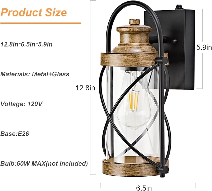 OKELI Dusk to Dawn Outdoor Wall Lights Fixtures, Waterproof Exterior Lighting Fixtures with Photocell Sensor,Vintage Faux Wood Grain Metal Cage Lantern Outside Lights for Porch Patio House Garage