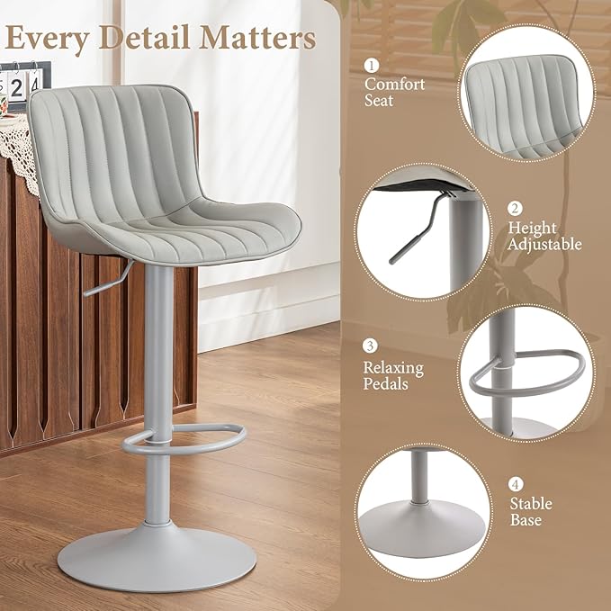 YOUNUOKE Bar Stools Set of 2, Counter Height Barstools for Kitchen Island, Modern Adjustable Swivel Gray Bar Chairs with Gray Legs