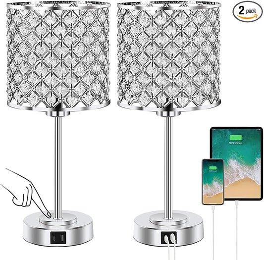 Crystal Table Bedside Lamp Touch Control, Dimmable Small Nightstand Lamp Set of 2 with USB-C+A Charging Ports, Decorative Silver Tabletop Lamp for Bedroom Living Room Guest Room, Bulbs Included