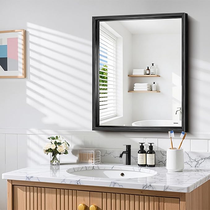CIRCUMI 24"x30" Black Mirror with Chunky Box Metal Frame, Brushed Finish Rectangular Bathroom Mirrors for Over Sink, Living Room, Entryway, Tempered Glass Mirror for Wall, Vertical or Horizontal