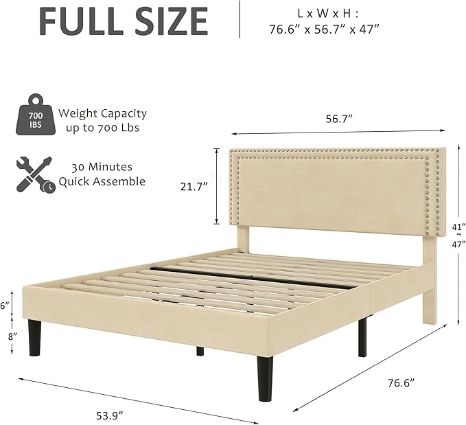 Full Size Platform Bed Frame with Height Adjustable Upholstered Headboard, Modern Mattress Foundation,Strong Wood Slat Support, No Box Spring Needed, Easy Assembly