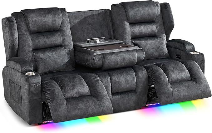 SAMERY Power Loveseat Recliner Sofa, Wall Hugger Reclining Loveseat Sofa, Movie Home Theater Seating with Flip-Backrest, Solid Wood Top, Ambient LED Lights, USB-C, Outlets, Velvet, Gray, 3 Seater | Extra Wide Seat, Plush Padding, Dual Power Recline, Fl...