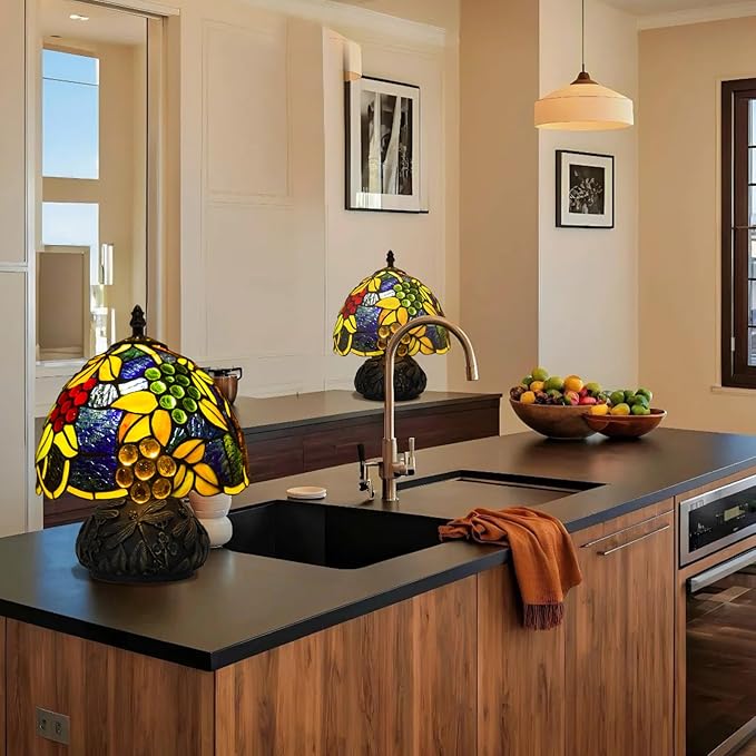 JHuiLap Small Tiffany Stained Glass Lamp, 3 Color Temperatures Bedside Lamp, 8 Inch Mushroom Desk Light for Bedroom Living Room Office Home Decor (Yellow Leaf Grapes)