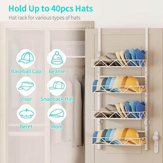 HapiRm Over the Door Hat Organizer - 4 Tier Wall Mounted Hat Rack with 4 Adjustable Metal Basket, Baseball Caps Organizer Storage Holds up to 40 Caps for Door, Bedroom, Closet (White)