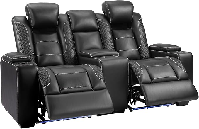 ANJ Power Reclining Loveseat with Center Console, 2-Seater Electric Recliner Sofa with LED Lights & USB & Storage, Faux Leather Living Room Furniture for Home Theater, Small Spaces & RV (Black)