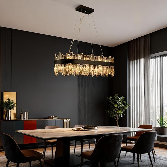 Black Crystal Chandeliers for Dining Room Lights Fixtures Over Table, 16 Lights Modern Rectangle 2-Tier Chandeliers for Kitchen Island Bar L32 Inch