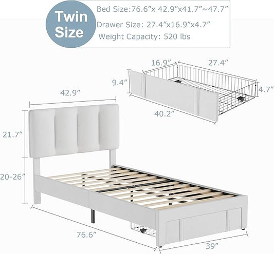 VECELO Twin Bed Frame with Storage Drawer, Heavy-Duty Platform Bedframe with Headboard & Strong Wooden Slats Support, No Boxing Spring Needed, Pure White