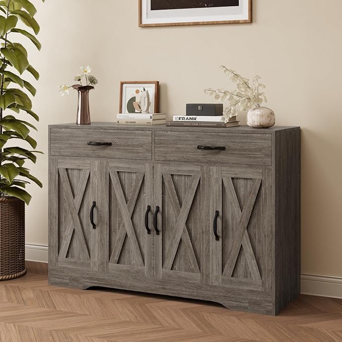 Sideboard Cabinet with Drawers, 47" W Sideboard Buffet Storage Cabinet with Storage for Kitchen, Farmhouse Coffee Bar Cabinets with Shlves and Doors for Hallway, Gray