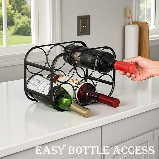 Buruis 6-Bottle Wine Rack, Modern Metal Countertop Wine Holder Stand for Kitchen, Pantry & Cabinet Storage, No Assembly Required, Black