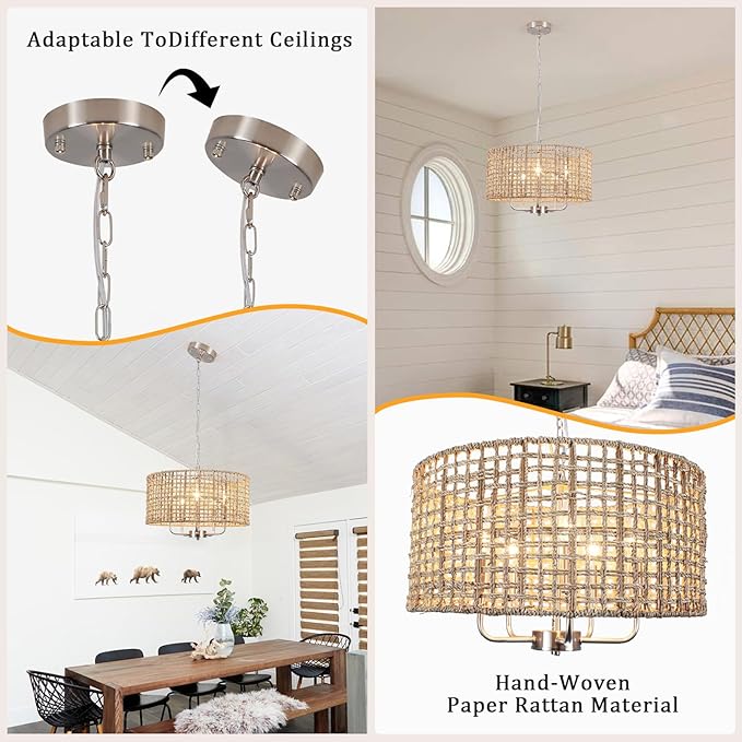 18.9'' Hand Woven Rattan Chandelier, 5-Light Brushed Nickel Chandelier Rattan Pendant Light Fixture, Wicker Farmhouse Chandeliers for Dining Room Bedroom Living Room Foyer